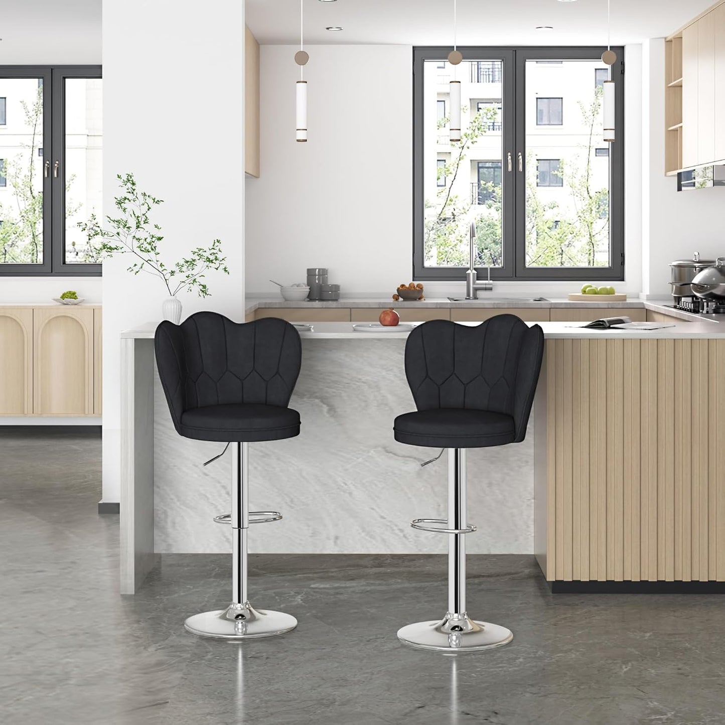 VECELO Bar Stools Set of 2, Adjustable Barstools with Back, Velvet Armless Counter Height Stool Kitchen Island Stool Swivel Bar Chairs for Pub Dining Room Living Room, Black