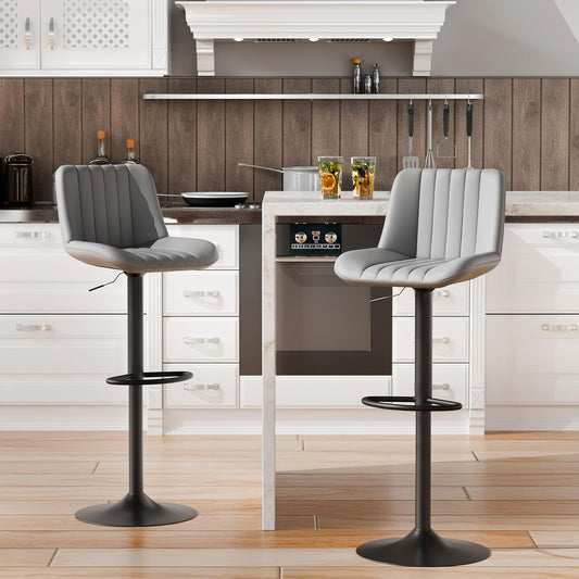 Shintenchi Swivel Bar Stools Set of 4, Adjustable Faux Leather Upholstered Swivel Counter Stools, Armless Bar Height Island Chairs with Back and Footrest, Gray