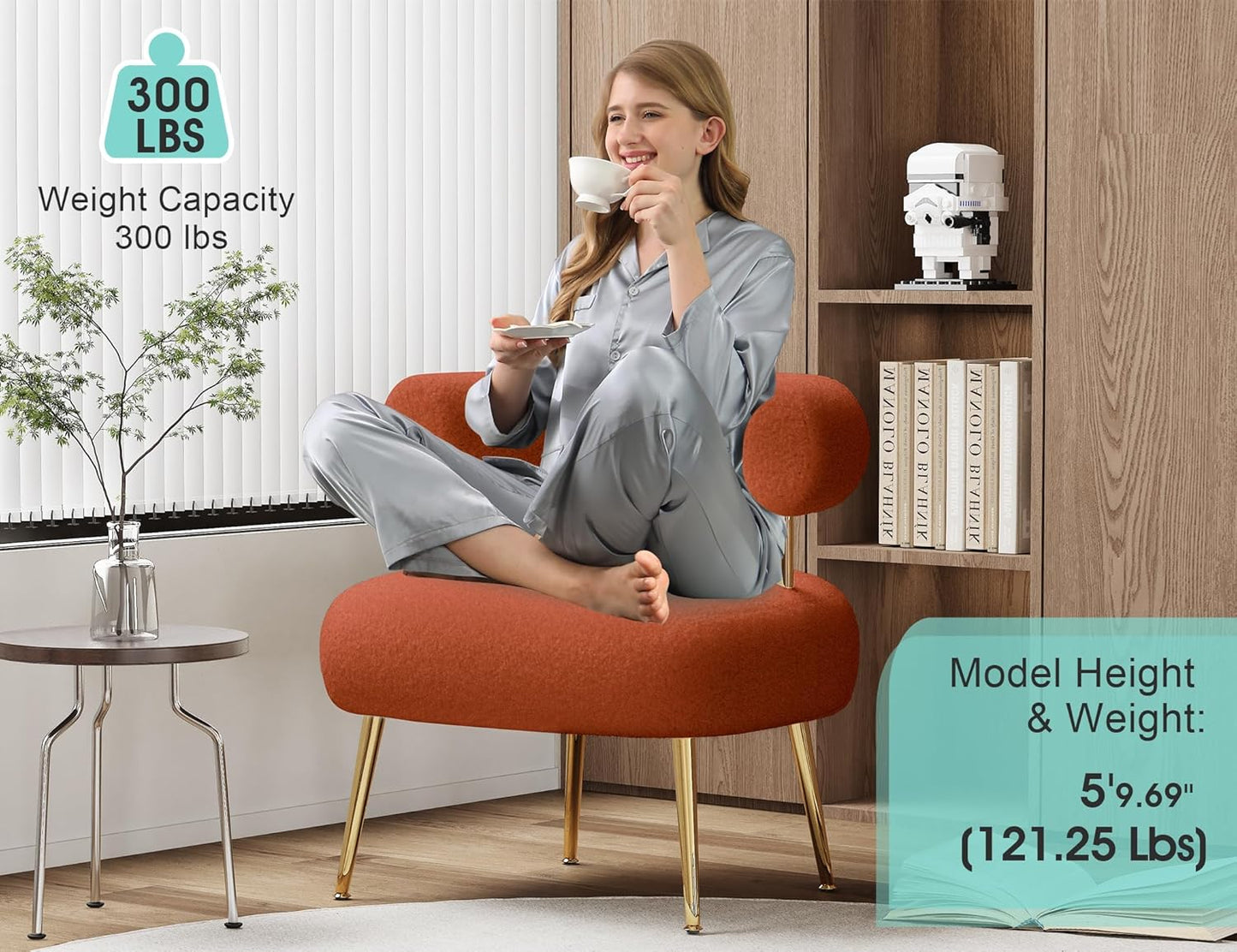 Mid Century Sherpa Boucle Accent Chair, Round Upholstered Barrel Arm Chair for Small Spaces, Fluffy Side Corner Sofa Chair for Living Room, Bedroom, Vanity, Office, Reading Nook(Orange)