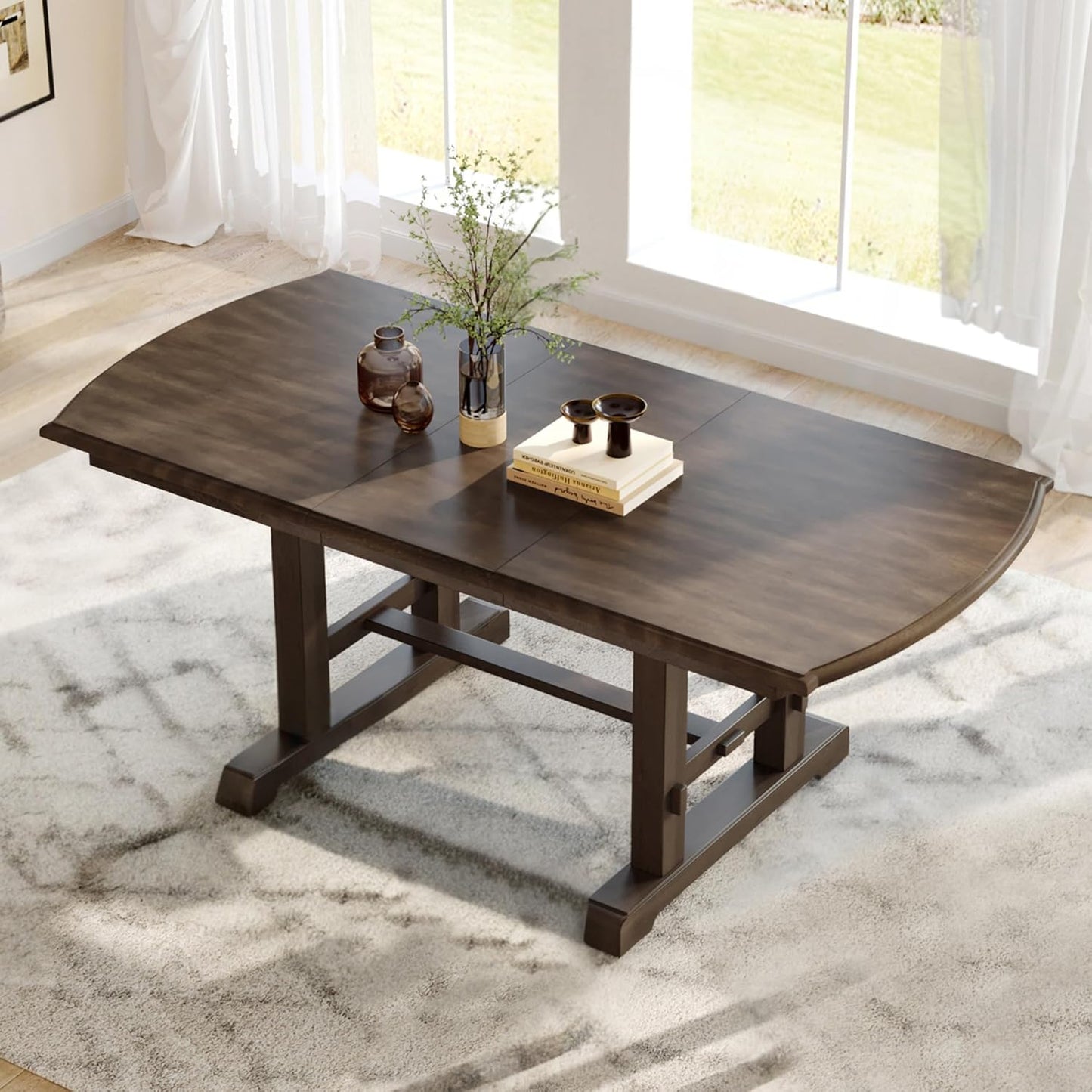Ball & Cast 60"-78" Extendable Farmhouse Dining-Table for 6-8, Expandable Wooden Kitchen Table with 18" Removable Leaf, Large Retro H-Leg Dining Room Table for 4-8,Space Saving & Sturdy, Brown