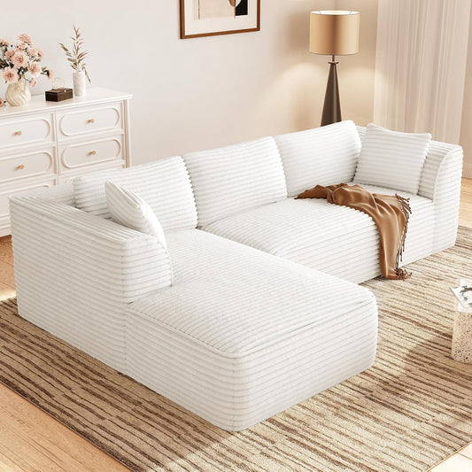 Vesgantti 106" Boneless Couch with Chaise, Deep Seat Comfy Cloud Modular Sofa Corduroy Memory Foam Sectional Couches for Living Room Bedroom, No Assembly Required (Beige, Left-Facing Chaise)
