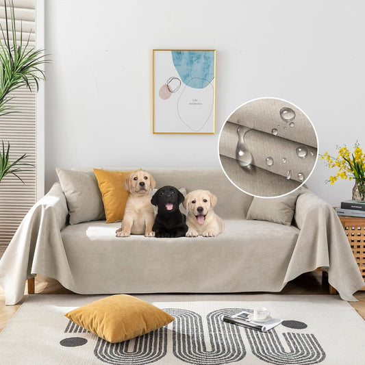 STACYPIK Waterproof Beige Sofa Cushion Covers Dog Couch Cover for 3-4 Cushion Couch Water Resistant Slipcover Furniture Protector Non-Slip Pet Protector Cover Leak Proof Couch Cover-71X134IN