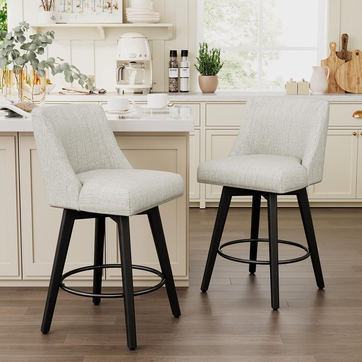 Vipbear Swivel Counter Height Bar Stools Set of 2,26.8" H Counter Stools with Back, Mid Century Modern Bar Stools for Kitchen Island,Linen Fabric,Wooden Base, White