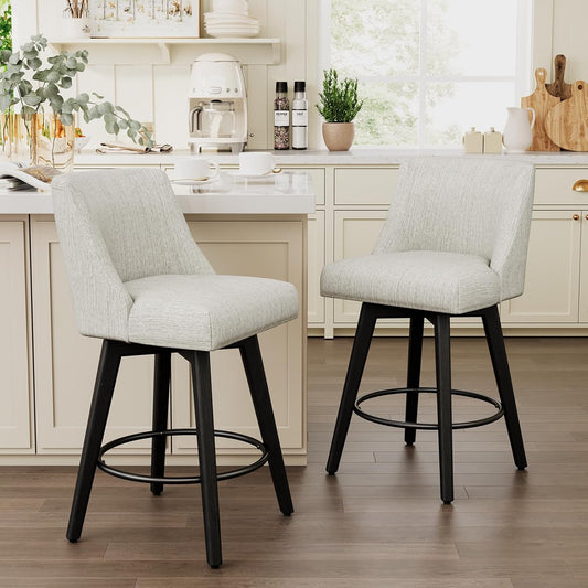 Vipbear Swivel Counter Height Bar Stools Set of 2,26.8" H Counter Stools with Back, Mid Century Modern Bar Stools for Kitchen Island,Linen Fabric,Wooden Base, White