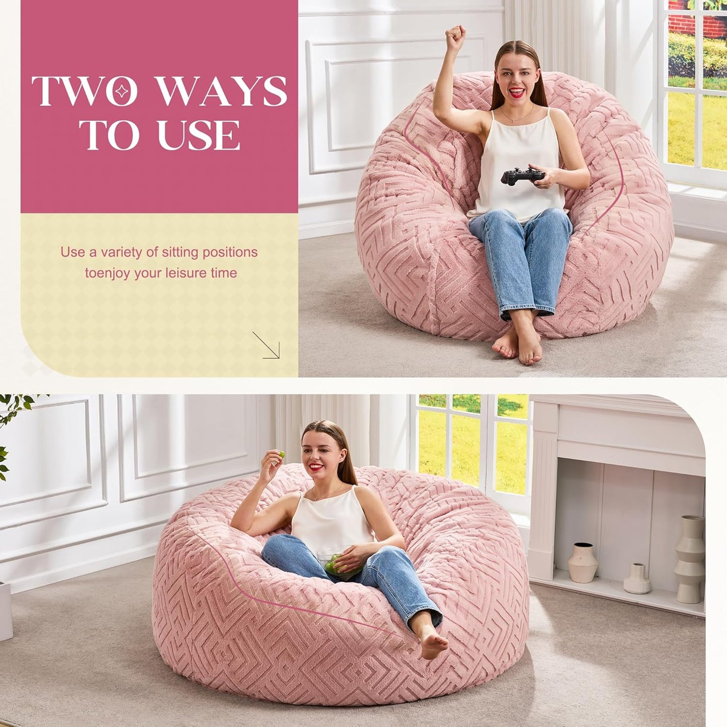 Hobestluk Bean Bag Chairs Adults Beanbag Chair with Filler Large Bean Bags with Fluffy Embossed Cover, Giant Bean Bag Chairs for Adults (Pink, 4FT - 44” x 44” x 24”)