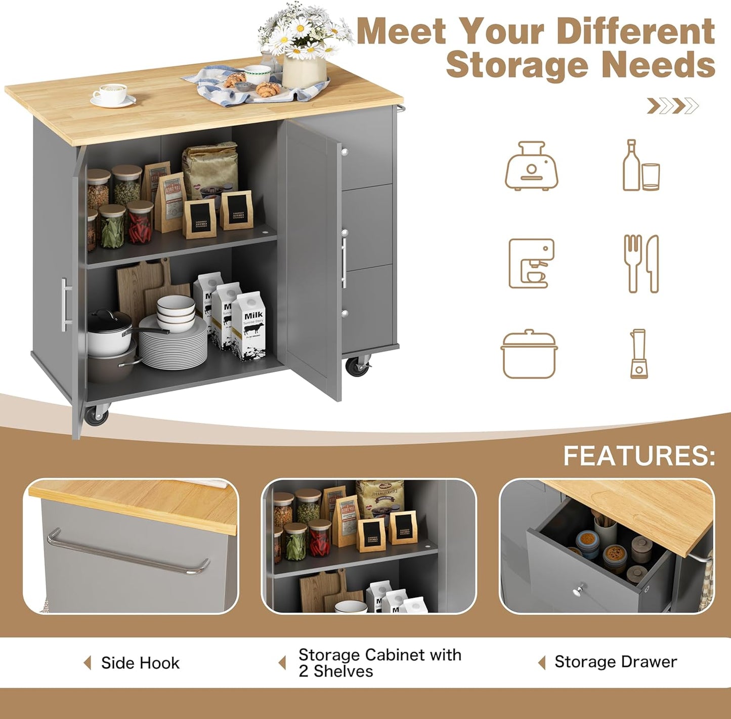 Shintenchi Kitchen Island with Folding Drop Leaf, Rolling Island Table with Storage, Kitchen Cabinet on Wheels with Seating Area for Kitchen, Bar Cart with Cabinet, Gray