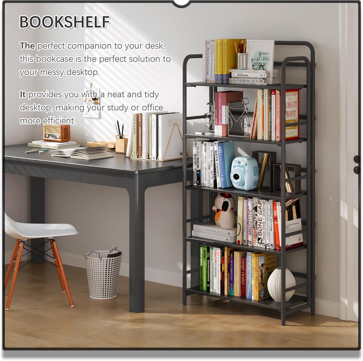 4NM No Assembly Folding Bookshelf 5 Tiers Vintage Industrial Black Book Shelf Metal Foldable Storage Bookcase and Bookshelves for Living Room,Bedroom and Kitchen - Black