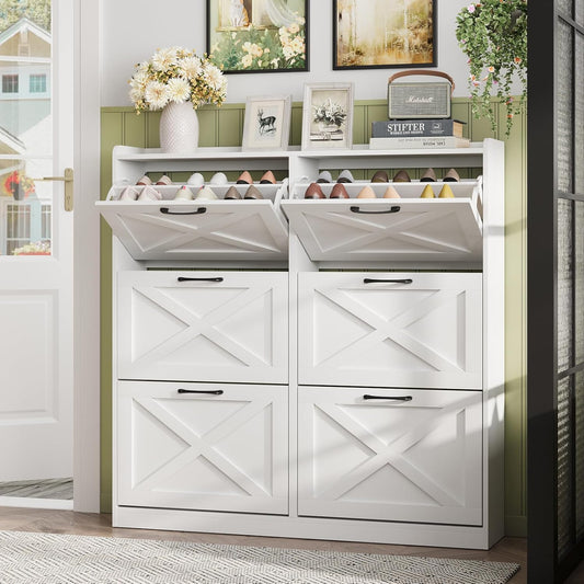 Maupvit Large Shoe Storage Cabinet with 6 Flip Drawers, Freestanding Shoe Organizer with Metal Handles for Entryway, Narrow Shoe Rack Cabinet, White