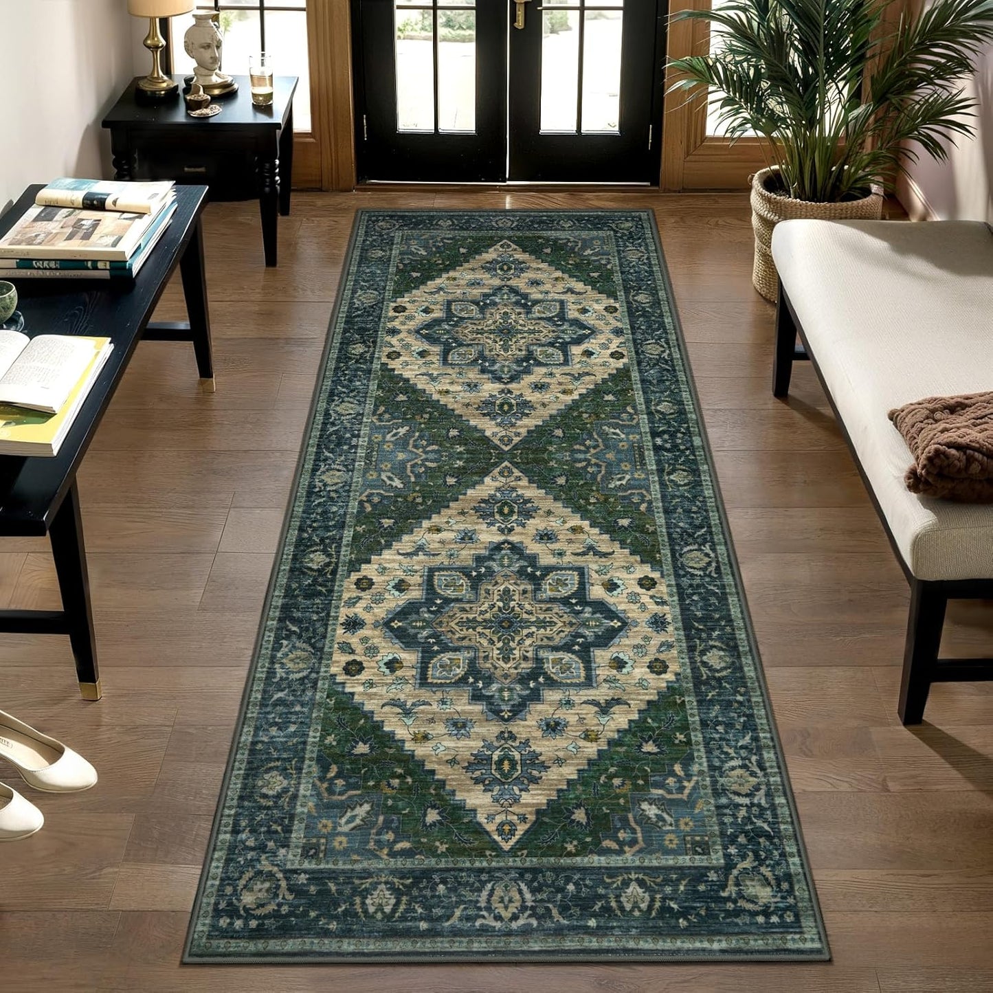 Tangsoo Washable Runner Rug, 2x6 Runner Rugs for Hallways, Non Slip Vintage Rug, Soft Low Pile Long Print Distressed Carpet Runners for Kitchen Bedroom Entryway Bathroom Living Room Green