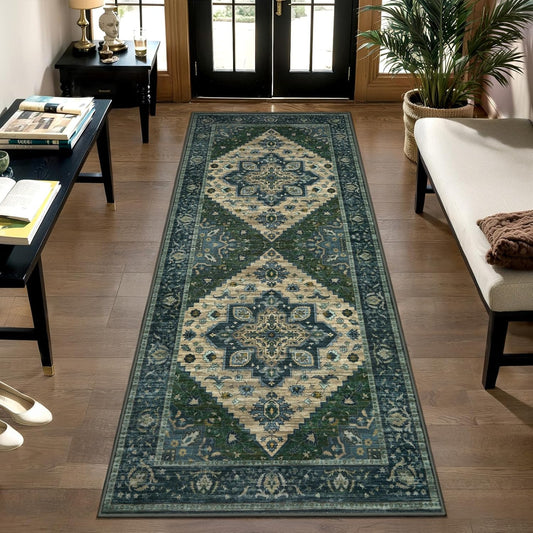 Tangsoo Washable Runner Rug, 2x6 Runner Rugs for Hallways, Non Slip Vintage Rug, Soft Low Pile Long Print Distressed Carpet Runners for Kitchen Bedroom Entryway Bathroom Living Room Green