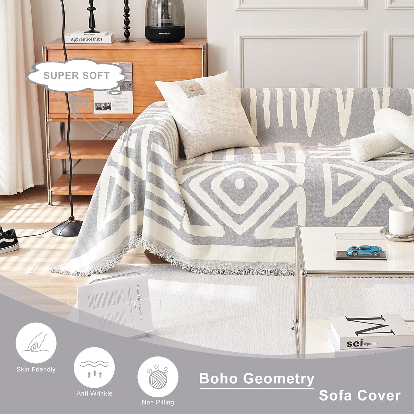 STACYPIK Boho Geometric Couch Cover for Dogs, Soft Chenille Gray Sofa Cover for 2 Cushion Couch, Non-Silp Loveseat Cover for Sectional, Washable Anti-Scratch Pet Furniture Protector Decor-71X118IN