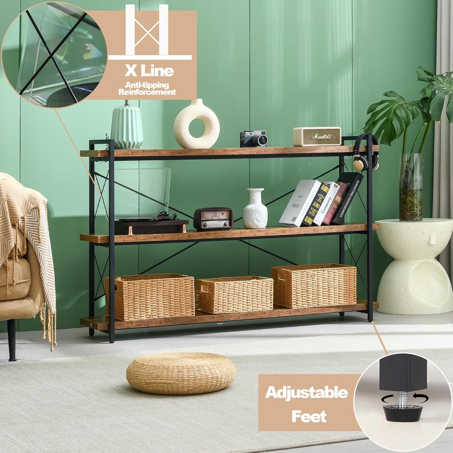 HCHQHS Bookshelf, 3-Tier Long Industrial Bookcase, Rustic Open Book Shelf, Freestanding Horizontal Bookshelves with Metal Frame