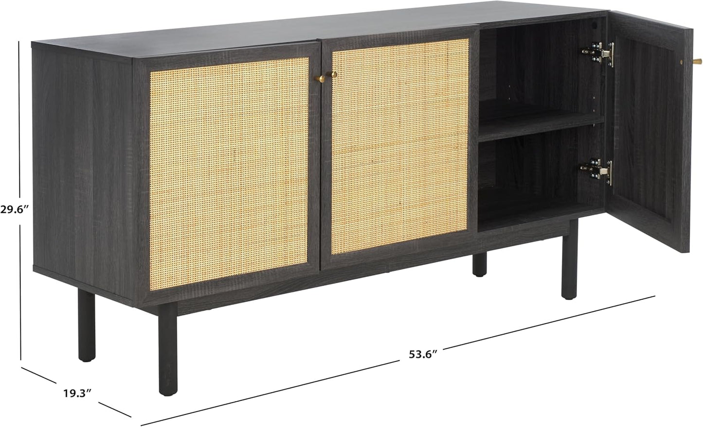 SAFAVIEH Aino TV Stand for up to 60" Flatscreen – Distressed Black with Rattan Mesh, 3 Doors with Interior Storage, Sideboard Cabinet, Entertainment Media Console (MED9618E)