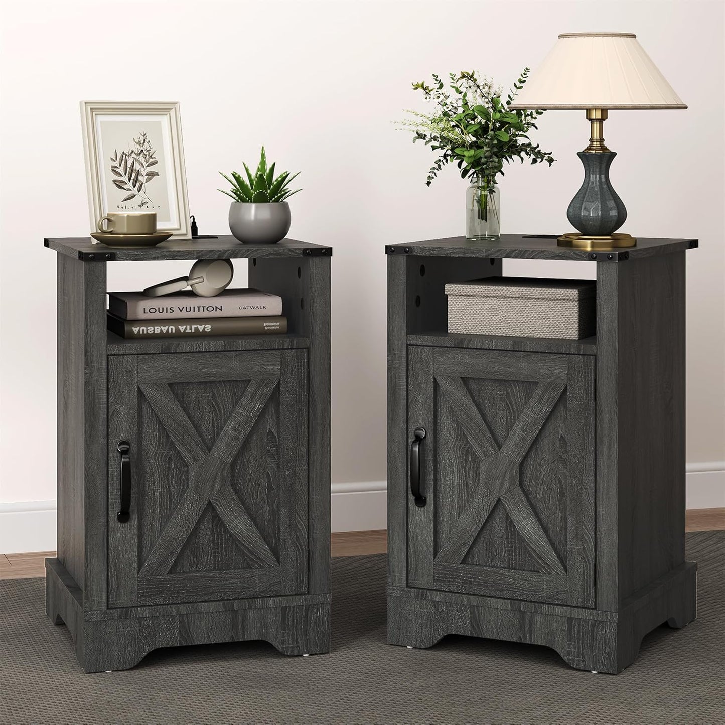 RoyalCraft Set of 1 Farmhouse Nightstand, Grey End Table with Charging Station, Tall Bedside Table with Large Storage Room and Shelf, Wooden Rustic Side Table for Bedroom, Home Office, Dark Grey