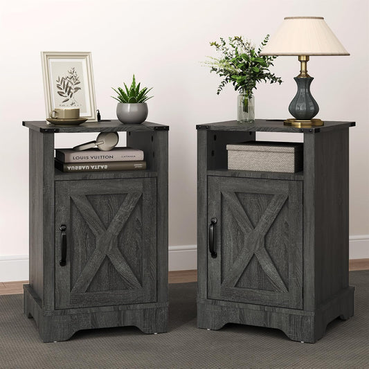 RoyalCraft Nightstand Set of 2, Grey End Table with Charging Station, Tall Farmhouse Bedside Table with Large Storage and Shelf, Wooden Side Table with for Bedroom, Home Office, Dark Grey