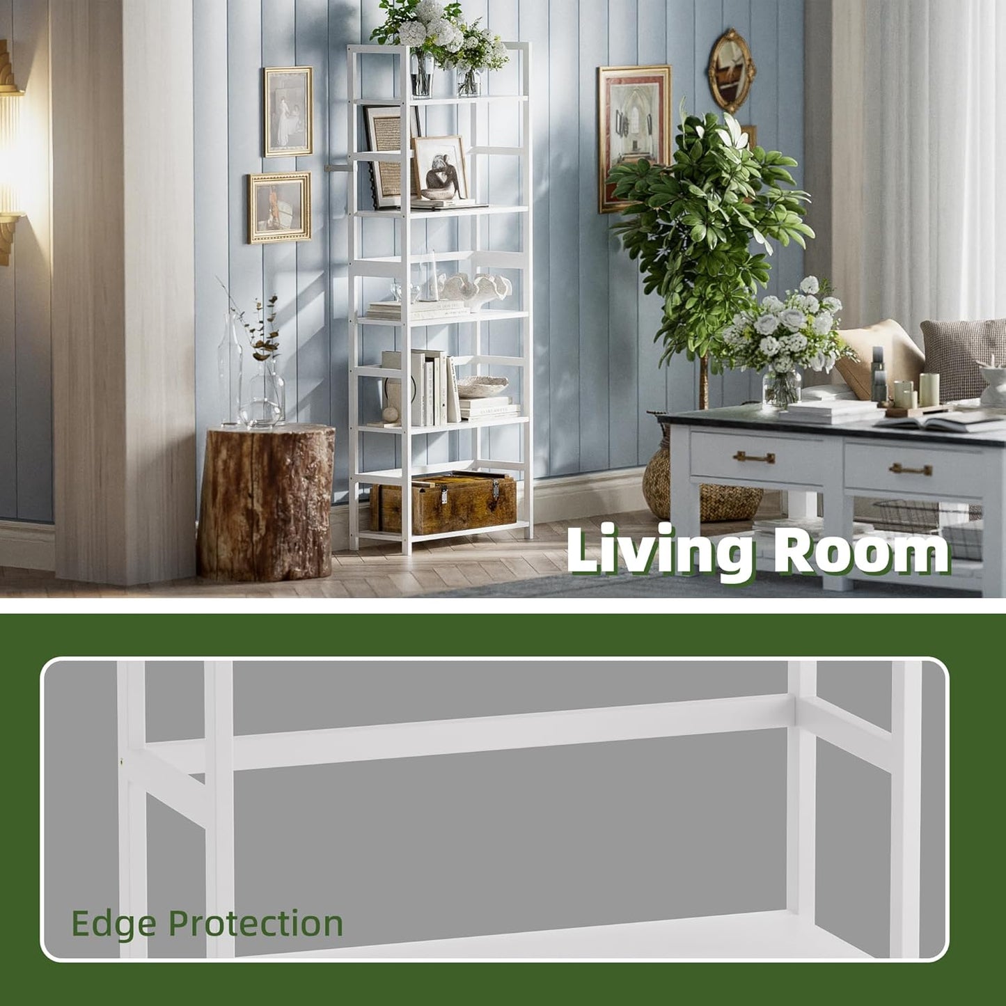 5-Tier Bookshelf, Industrial Bookcase with Bamboo Frame, Modern Display Standing Shelf Unit, Tall Wood Storage Organizer for Living Room, Home Office, White