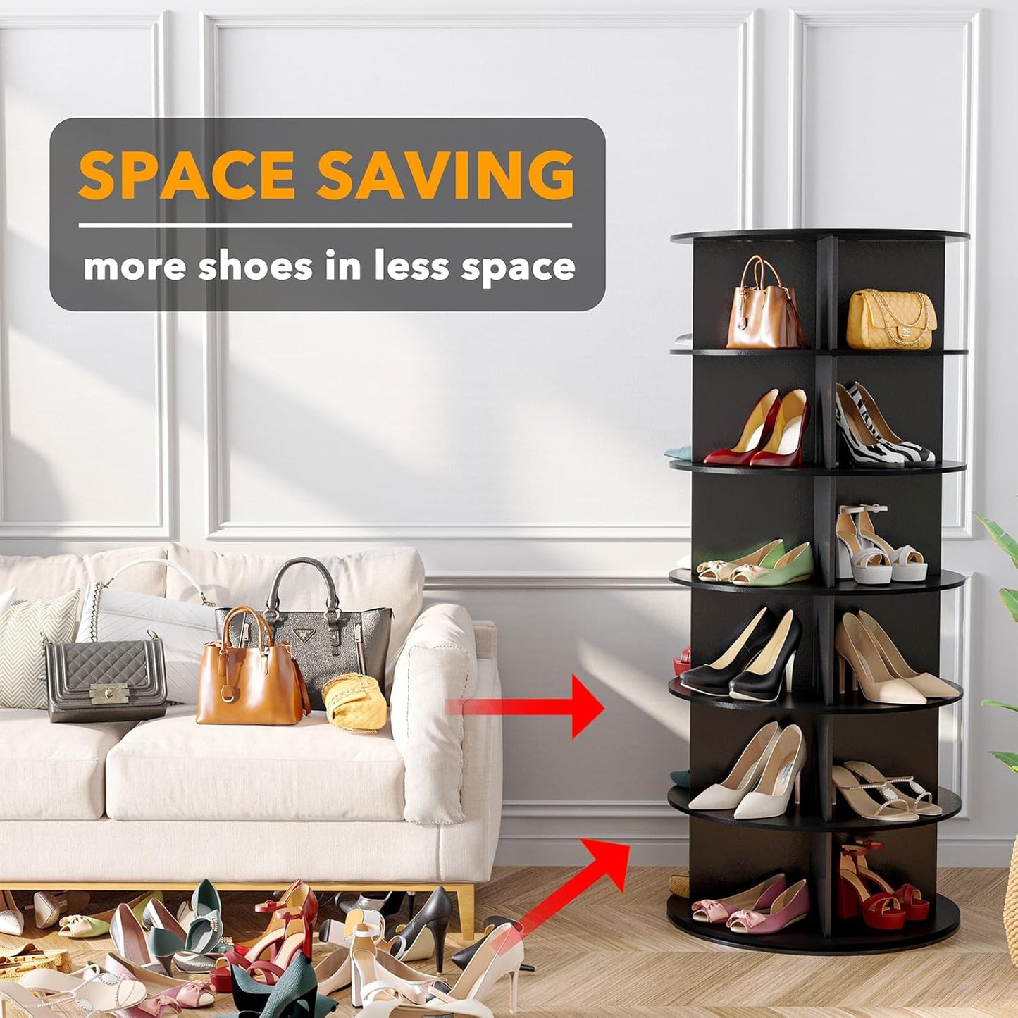 SpaceAid 6 Tier Rotating Shoe Rack Tower, Spinning Shoe Display Lazy Susan, Revolving 360 Shoe Rack Storage Round Carousel, Vertical Handbag Rotate Shoes Closet Organization (6-Tier Black)