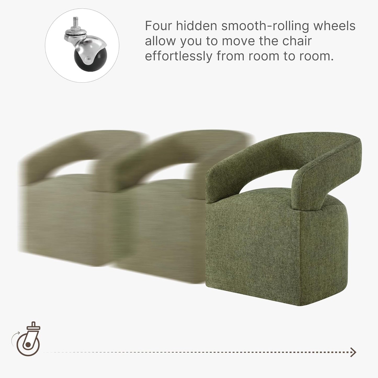 Upholstered Dining Chairs with Removable Casters Barrel Side Armchair with Rollers for Diningroom Bedroom Livingroom Reading Room, Green, 1PCS