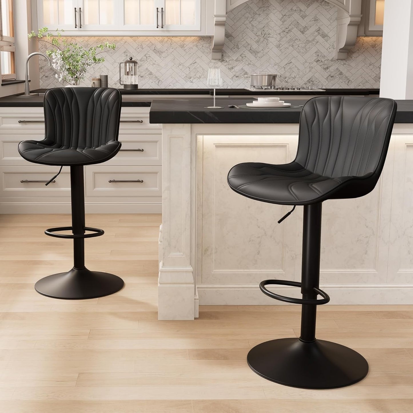 YOUNIKE Black Bar Stools Set of 2 Upholstered Modern Swivel Counter Height Bar Chair with Back Adjustable Kitchen Island Tall Faux Leather Padded Barstools Metal Breakfast