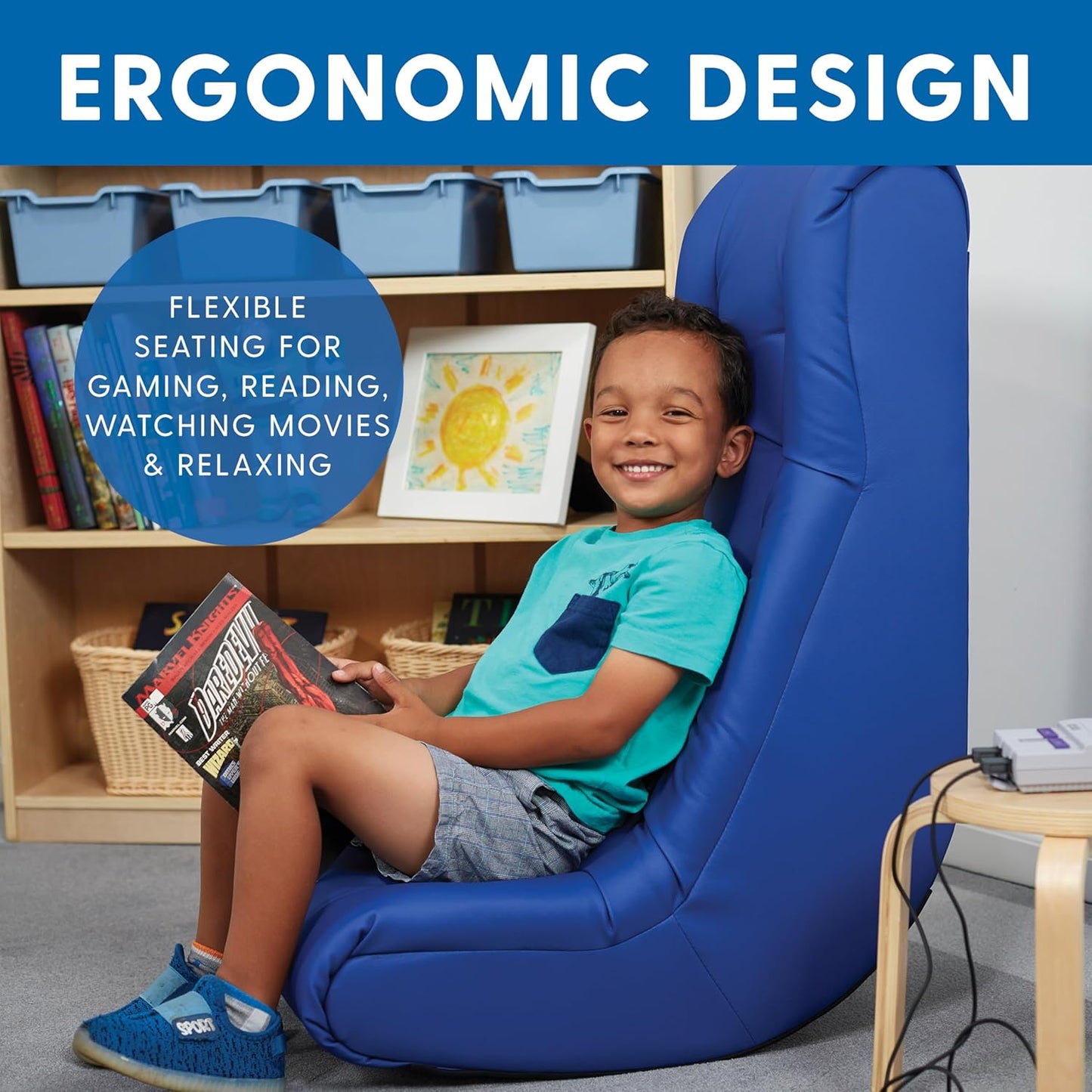 Factory Direct Partners Soft Tufted Floor Rocker - Cushioned Ground Chair for Kids Teens and Adults - Great for Reading, Gaming, Meditating, TV - Blue, 10488-BL