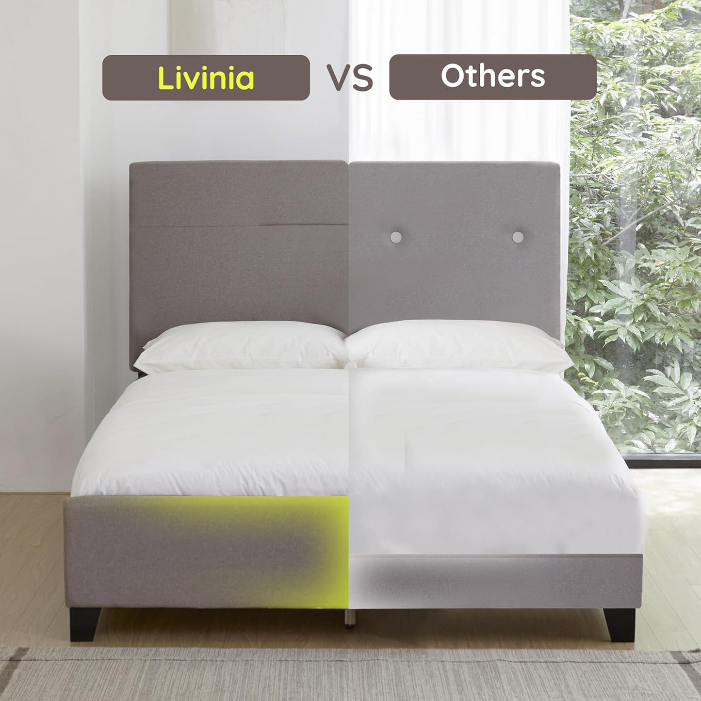 Livinia Amelia Queen Size Platform Bed, Fabric Upholstered Queen Bed Frame with Height Adjustable Headboard Footboard, Strong Wood Slats, No Box Spring Needed, Brown