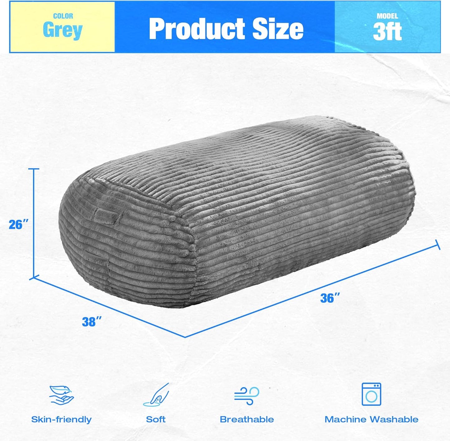 Hobestluk 3FT Bean Bag Chairs Adult Bean Bag with Portable Handle Comfy Large Bean Bag Chair with Removable Cover for Living Room Bedroom or Reading Nook (Stripe Grey, 3FT)