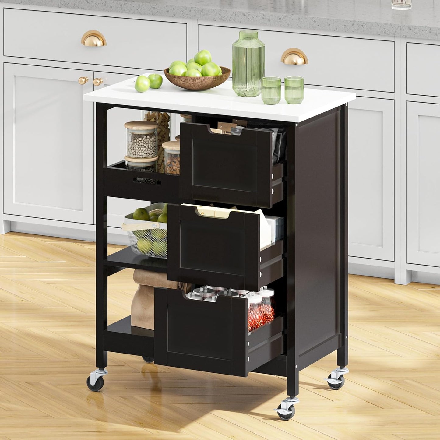 YITAHOME Small Solid Wood Top Kitchen Island Cart on Wheels with Storage, Rolling Portable Dining Room Serving Utility Carts Mobile Movable with 3 Drawers Cabinet, Dark Brown
