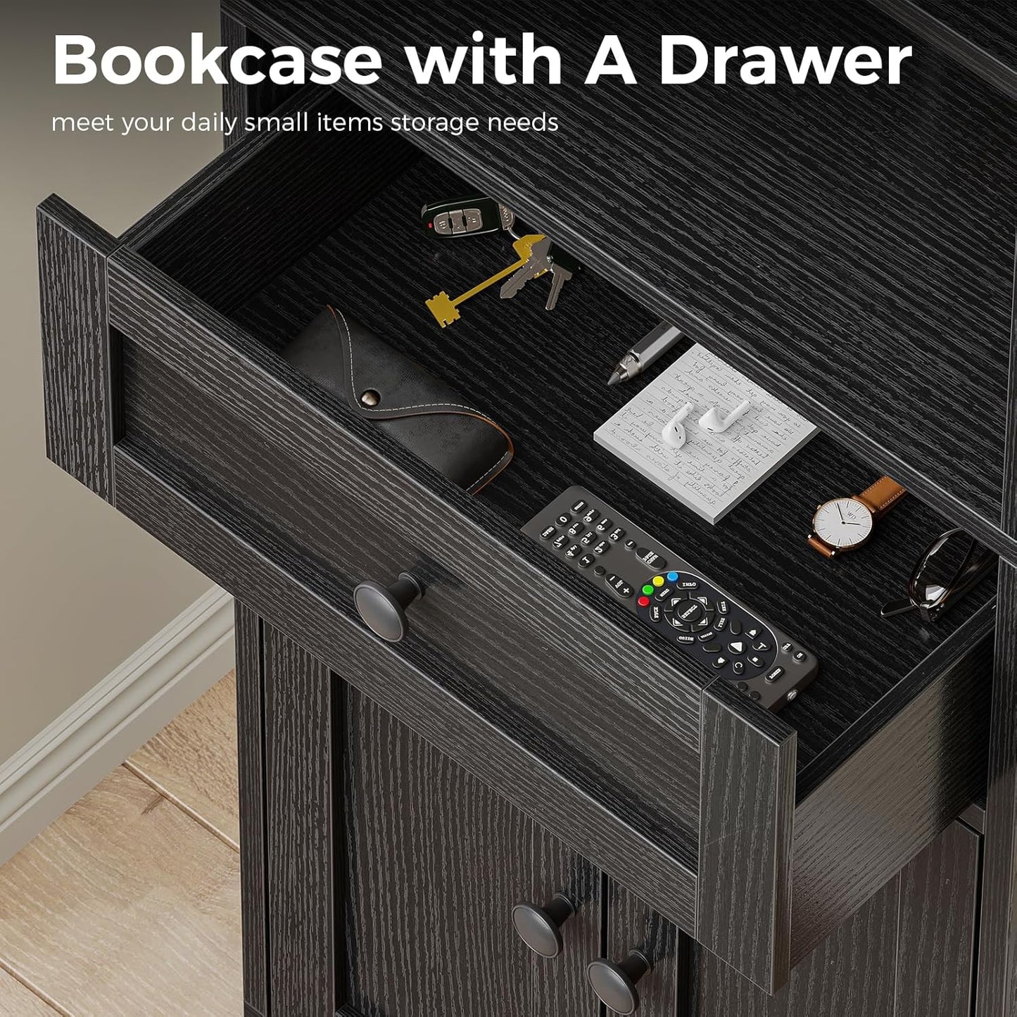 Casaottima Bookshelf and Bookcase with Doors and Drawer, Floor Standing 6-Tier Shelf Display Storage Shelves, Tall Bookcases for Home Office, Living Room, Black