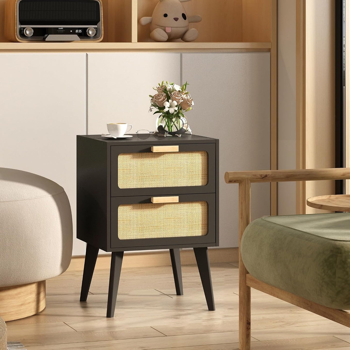 Rattan Nightstand, Wood End Table, Side Table with 2 Hand Made Rattan Decorated Drawers,Boho Bedside Table,Wood Accent Table with Storage for Livingroom, Bedroom, Black CTG59B