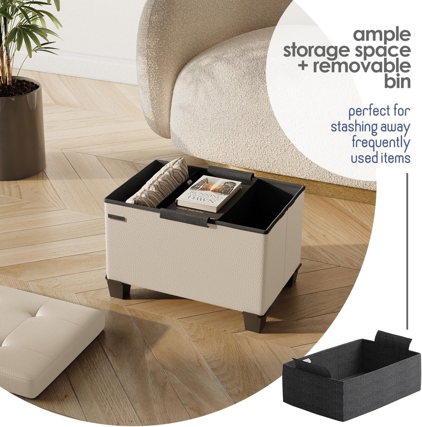 STORAGEBUD Storage Ottoman Cube with Small Bin, 16-in Square Ottoman with Storage for Living Room and Bedroom, Small Ottomans Foot Rest, Faux Leather Foot Stools Ottomans Max 330lbs, Beige