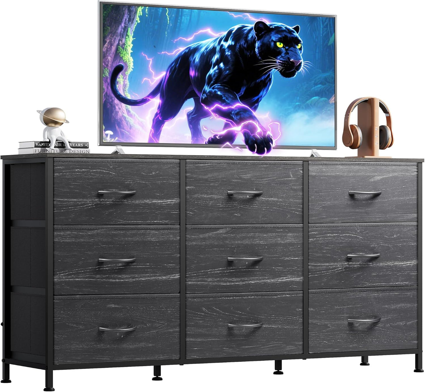 WLIVE 47''W Dresser for Bedroom, Black Dresser TV Stand for 45, 50, 55 inch TV, Wide Chest of Drawers with 9 Drawer, Large Entertainment Center, Fabric Dressers with Wood Top for Closet, Living Room