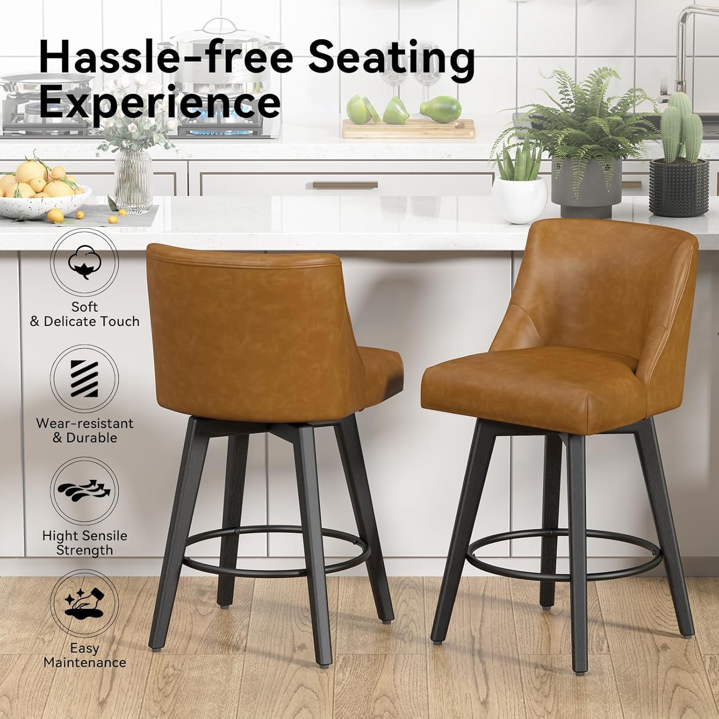 Counter Height Swivel Bar Stools Set of 4, 26 Inch Bar Stools with Footrest, Faux Leather Upholstered Barstools with Back and Solid Wood Legs for Kitchen Island, Dining Room,Pub,Brown