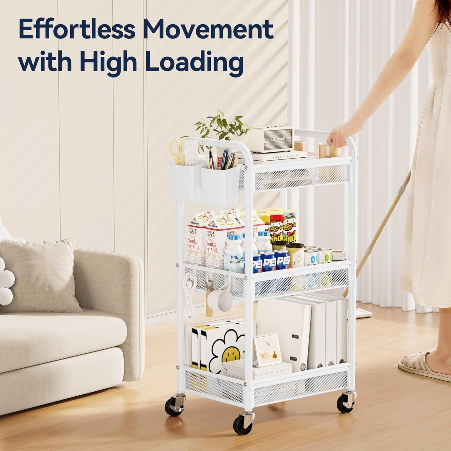 YASONIC 3 Tier Rolling Cart – Metal Utility Storage Cart with Wheels, Craft Carts Organizer with Hanging Cups, Hooks, Mesh Basket for Bedside Kitchen Office Art, White