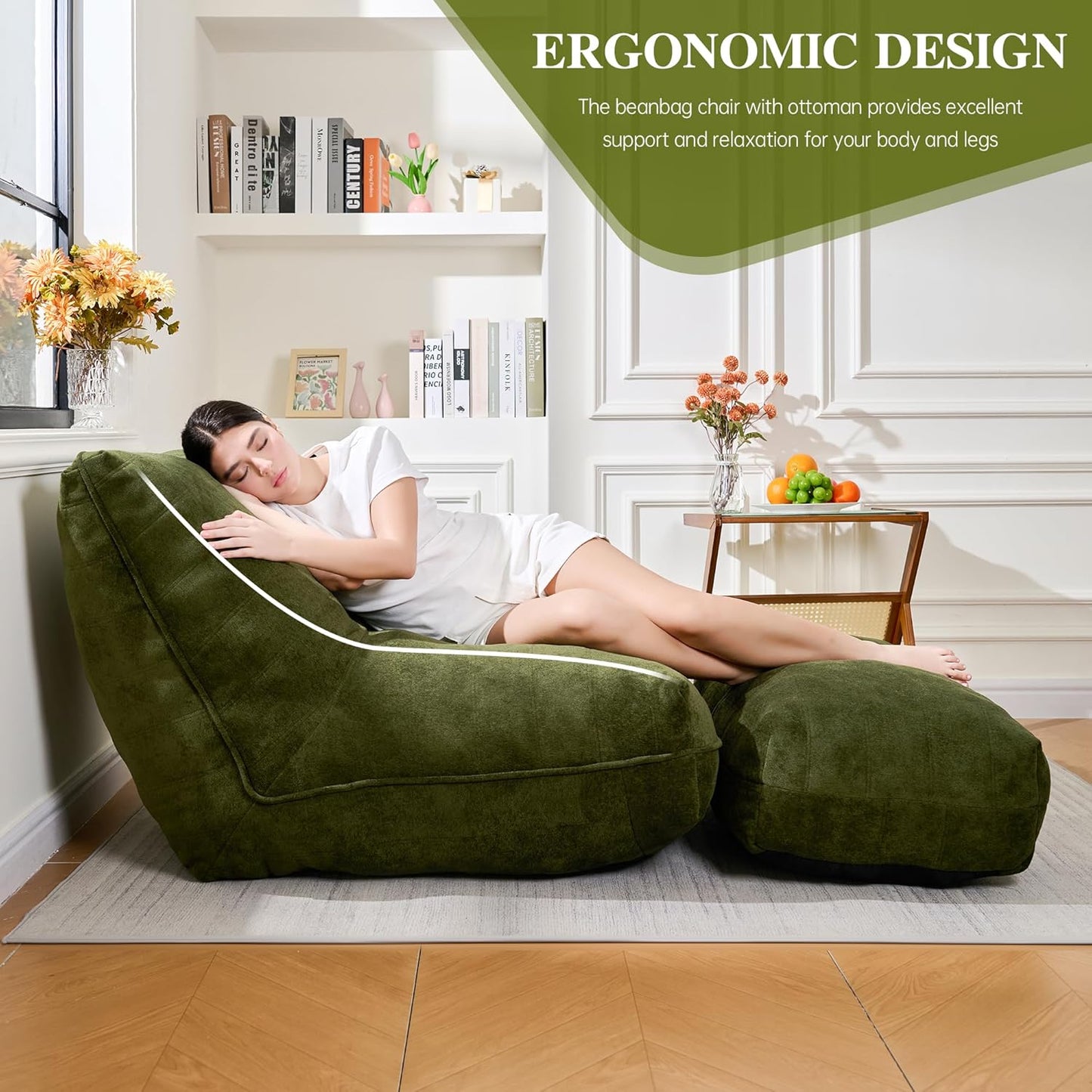 Bean Bag Chair with Ottoman, Comfy Bean Bag Sofa with Memory Foam, Lazy BeanBag Sofa with Footstool, Fireside Bean Bag Couch for Living Room, Bedroom, Apartment (Green)