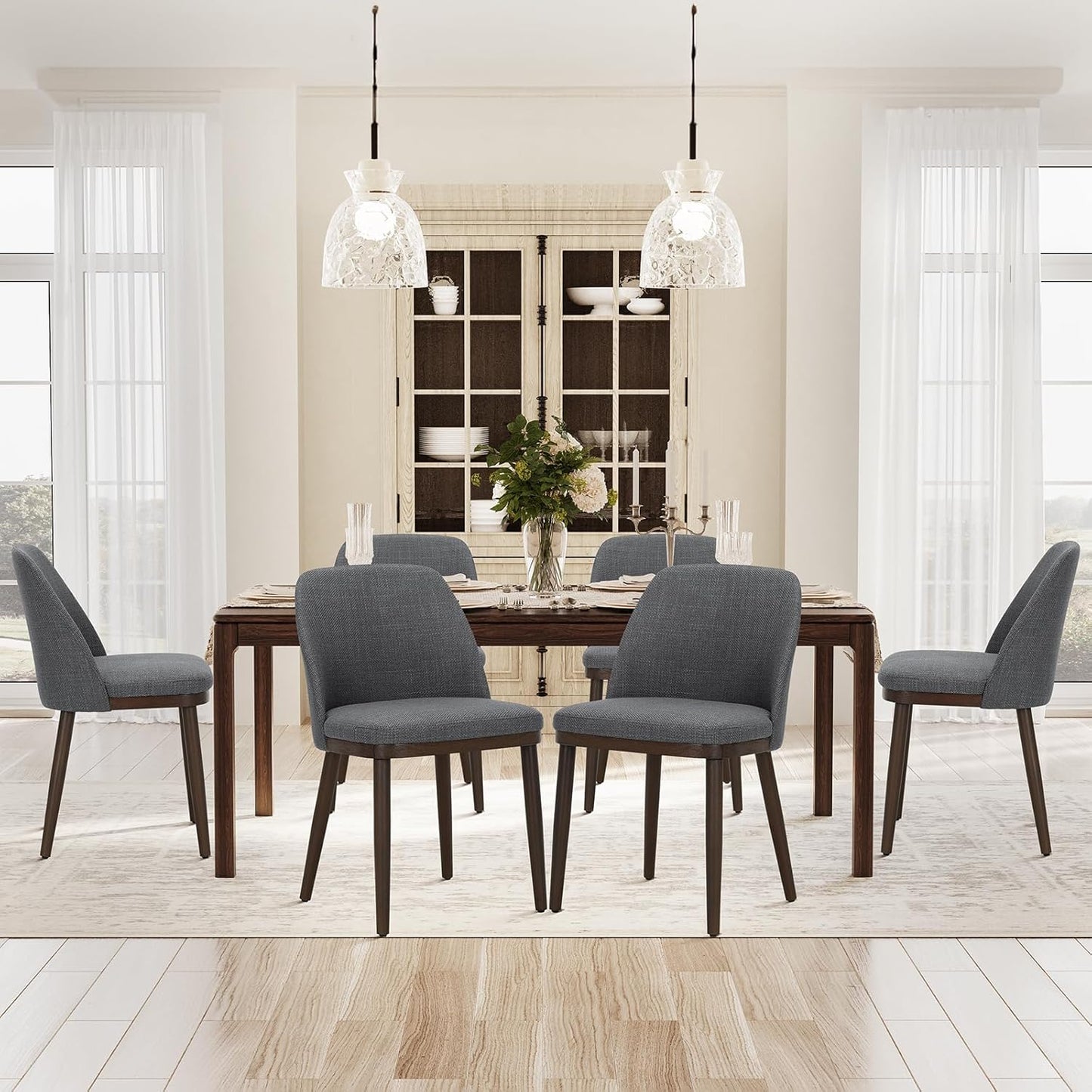 COLAMY Upholstered Dining Chairs Set of 6, Modern Kitchen Chairs with Back, Wood Side Dining Room Chairs for Kitchen, Dining Room, Restaurant, Light Grey