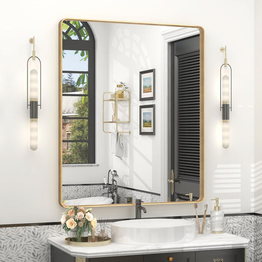 30x36 Gold Framed Bathroom Mirror, Brushed Gold Metal Vanity Mirror, Gold Rectangle Mirror for Wall, Rounded Corner, Tempered Glass, Anti-Rust, Shatterproof, Hangs Horizontally or Vertically
