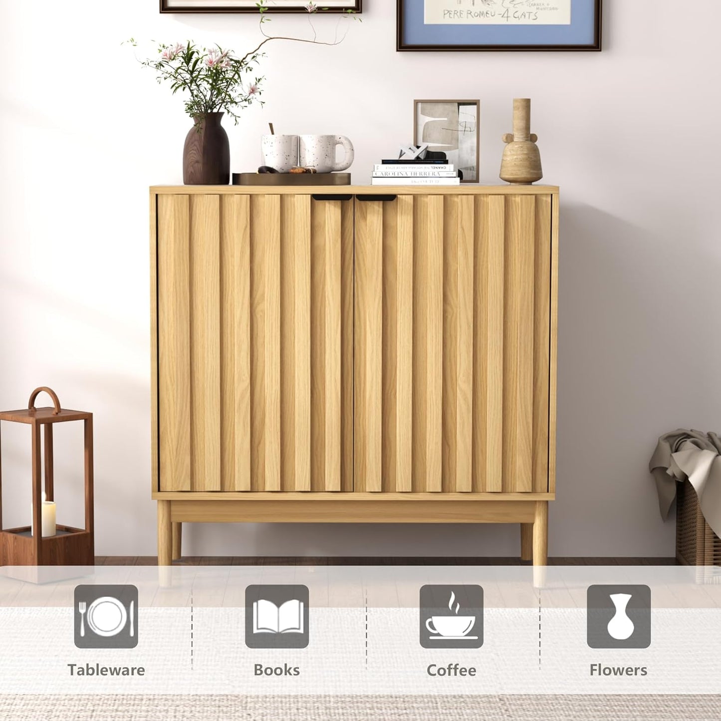 Fluted Cabinet with Storage, Buffet Cabinet Sideborad with Door, Kitchen Buffet Storage Accent Cabinets with Adjustable Shelves for Living Room, Entry, Hallway, Natural