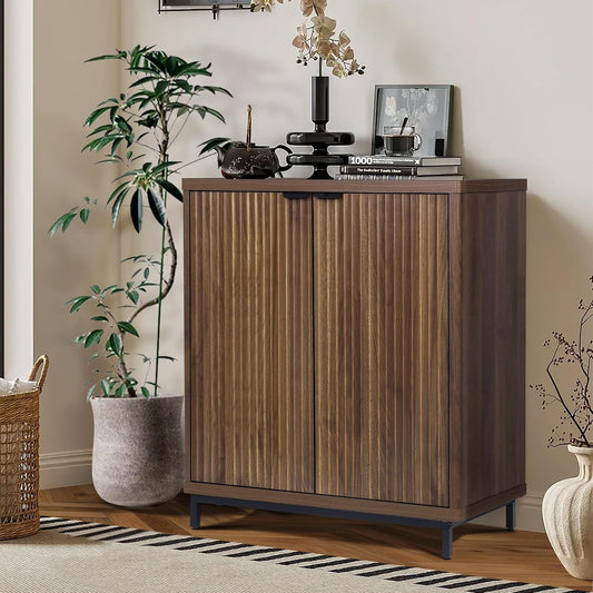 Buffet Cabinet with Storage Accent Sideboard Modern Credenza with 2 Doors & 3 Shelves Fluted Media Console for Living Room Kitchen Dining Room Hallway (Walnut)