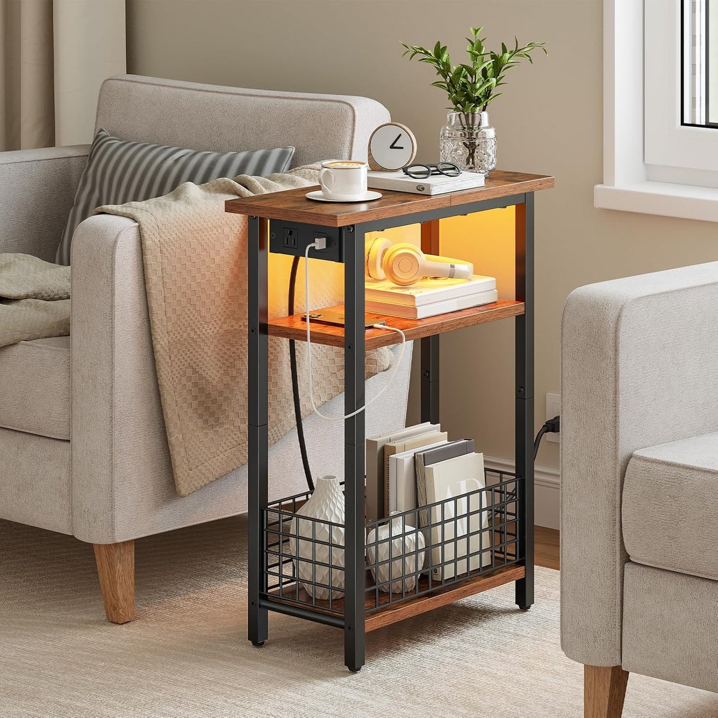 HOOBRO Narrow Side Table with Charging Station and LED Light, Small End Table with Storage, Skinny Nightstand with USB Port, Slim Bedside Table for Small Spaces, Living Room, Rustic Brown BF242UDBZ01