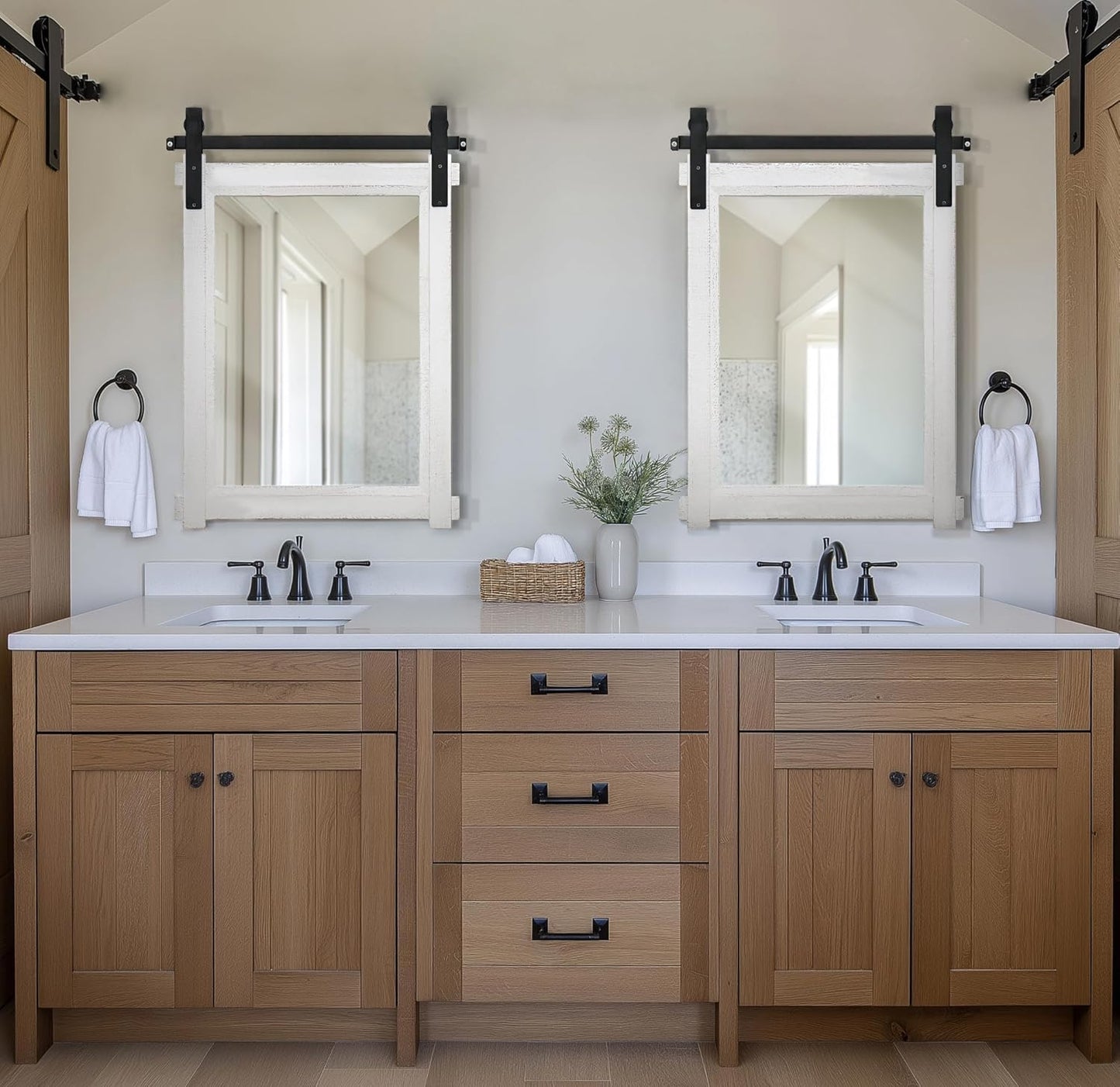 Farmhouse Barn Door Mirror: 22"x30" White Rustic Wood Frame Mirror for Wall - Home Decor for Entryway/Bathroom/Living Room