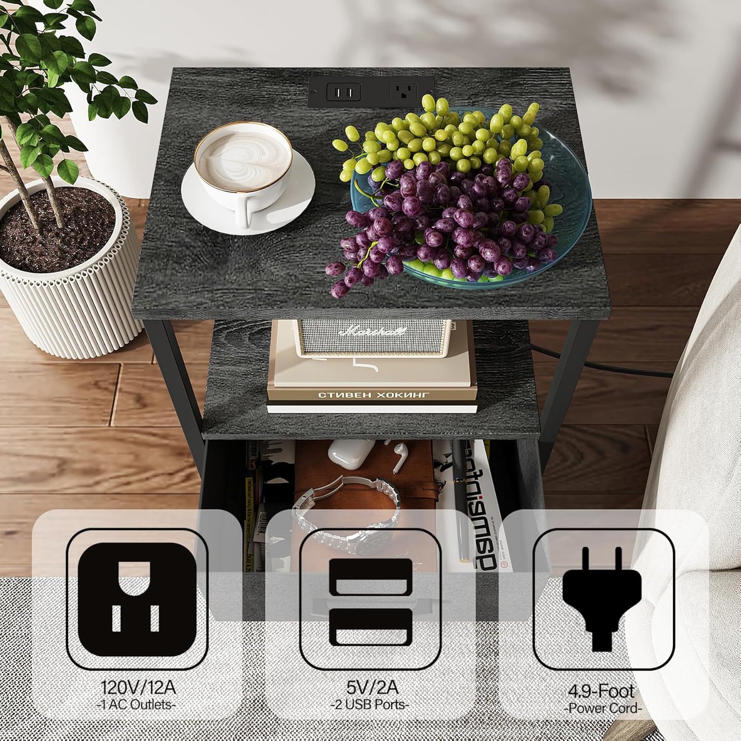 TUTOTAK End Table with Charging Station, Night Stand, Side Table with 2 USB Ports and Outlets, Nightstand with Cloth Drawer, Bedside Table for Livingroom, Bedroom Charcoal Grey TB01BY088