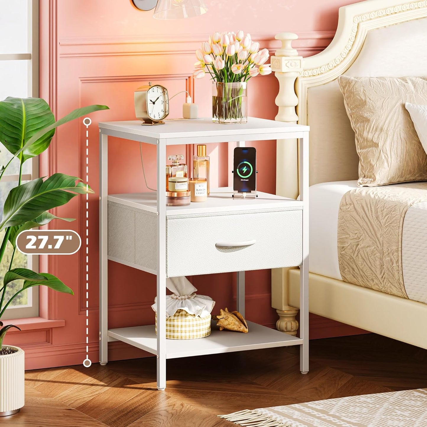 SUPERJARE Nightstand with Charging Station, White Night Stand with Adjustable Drawers, 17.7 Inches Wider Side Table for Bedroom, 3-Tier Storage End Table with Open Shelf, PU Leather Surface