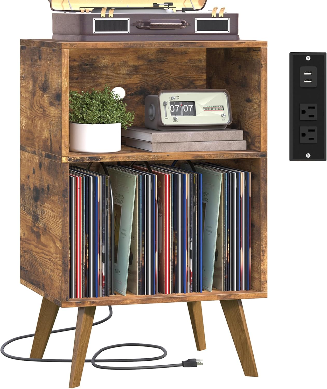 Record Player Stand, 3-Tier Side End Table with Charging Station, Turntable Stand Up to 160 Albums, Vinyl Storage Cabinet Dispaly Shelf for Living Room, Brown