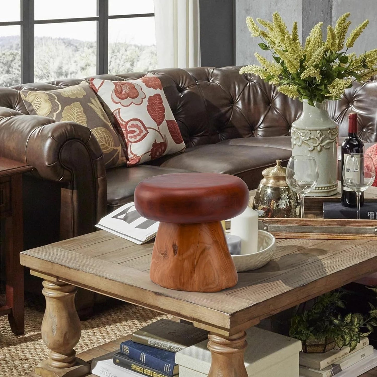 8 Inch Small Mushroom Wood Decoration, Unique Design Live Edge Wood Stool, Freeform Natural Plant Stand for Garden, Yard, Living Room, Bedroom