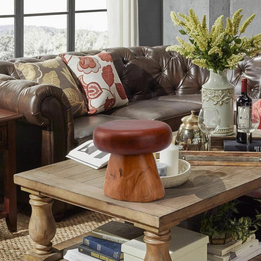 8 Inch Small Mushroom Wood Decoration, Unique Design Live Edge Wood Stool, Freeform Natural Plant Stand for Garden, Yard, Living Room, Bedroom