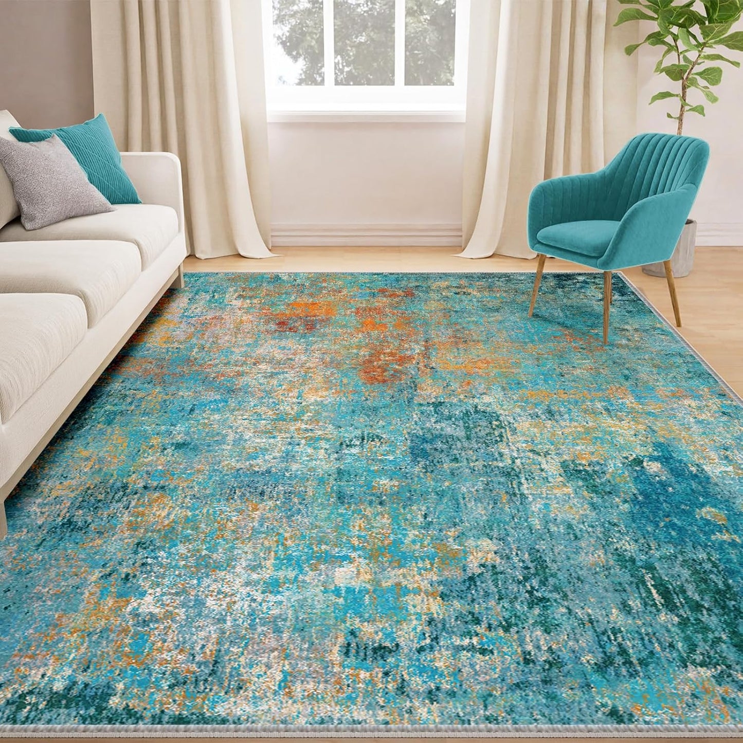 Washable Area Rugs 7'x9' Non-Slip Modern Abstract Soft for Living Room Entryway Bedroom Nursery, Print Pattern, Teal Blue Green Orange Rust Red Colorful