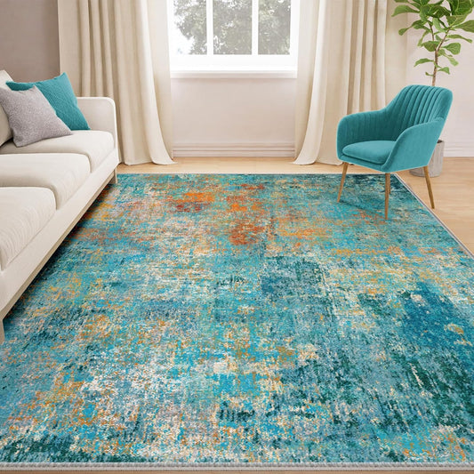 Washable Area Rugs 5'x7' Non-Slip Modern Abstract Soft for Living Room Entryway Bedroom Nursery, Print Pattern, Teal Blue Green Orange Rust Red Colorful