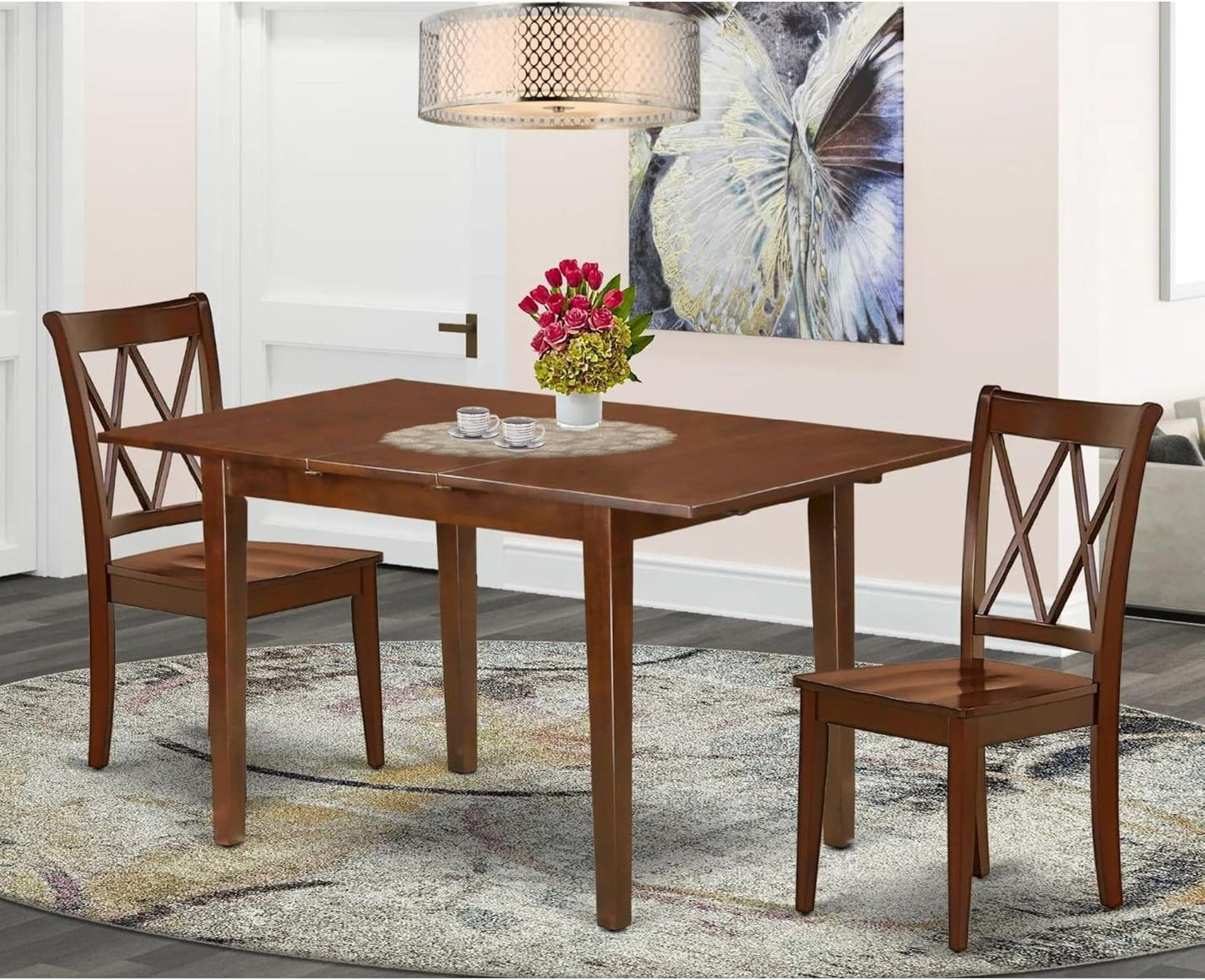 East West Furniture PSCL3-MAH-W 3 Piece Dining Room Furniture Set Contains a Rectangle Wooden Table with Butterfly Leaf and 2 Kitchen Dining Chairs, 32x60 Inch, Mahogany