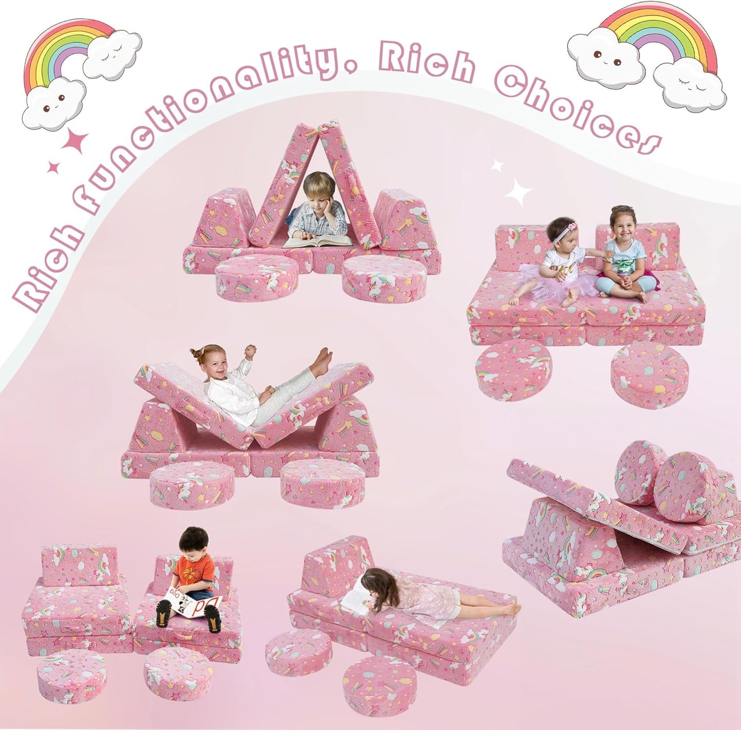 MeMoreCool Modular Pink Unicorn Glow-in-The-Dark Kids Play Couch, 8-Piece Convertible Toddler Sofa for Playroom
