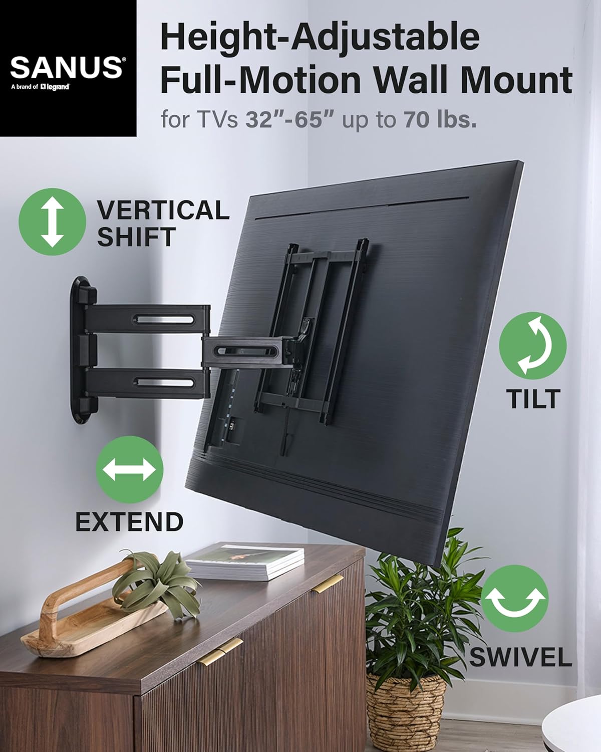SANUS Height Adjustable Full Motion TV Wall Mount for 32” to 65” TVs – Raise or Lower TV 3” After Install – Maximizes Compatibility with Your Setup – 3 Step DIY w/Smooth Extension, Tilt & Swivel